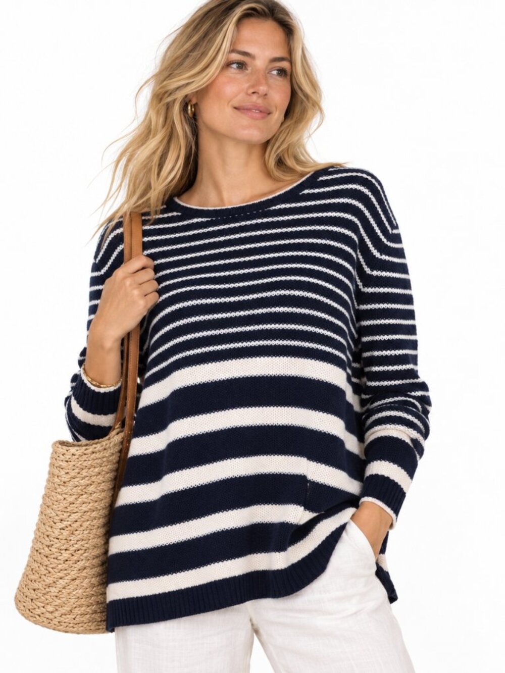 Athleta Striped Sweater Size XS Merino Wool Side Slit Oversized Nautical Coastal
